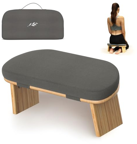 Meditation Chair w/ Extra Thick Cushion - Portable Bamboo Meditation Bench w/ Magnetic Locking Hinge - Anterior Tilt Seiza Bench Ideal for Comfortable & Stable Meditation - Sleek Canvas Kneeling Chair