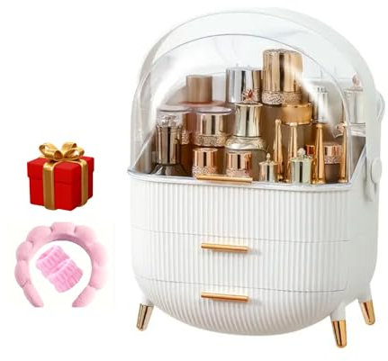 HealthyMoov Organisateur maquillage et cosmétiques tiroir bac de rangement produits de beauté parfums 2 niveaux pour ranger cosmétiques parfums et bijoux BLANC cadeau serre-tête et bracelets