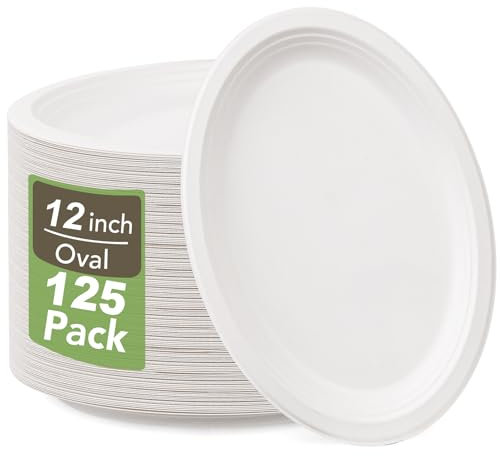 WELLIFE 100% Compostable Oval Paper Plates 12 Inch, 125-Pack Heavy Duty
