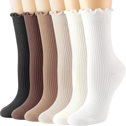 DRESHOW 6 Paia Calzini da Donna con Volant Calze Volant Signore Cotone Volant Calzini Traspiranti in Maglia di Lattuga Casual per Donna e Ragazze