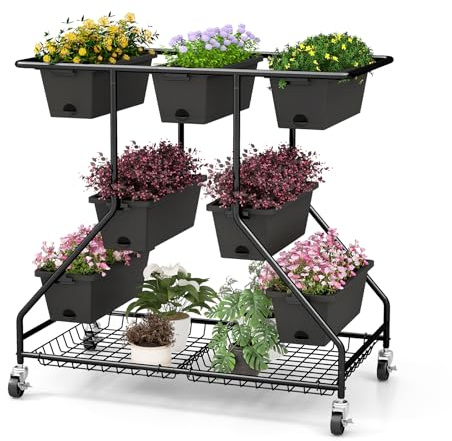 RELAX4LIFE Fioriera da Esterno, Scaffale Porta Piante con 7 Scatole, Fori di Drenaggio e Cesti di Stoccaggio, Supporto per Piante con Ruote Bloccabili per Balcone e Giardino