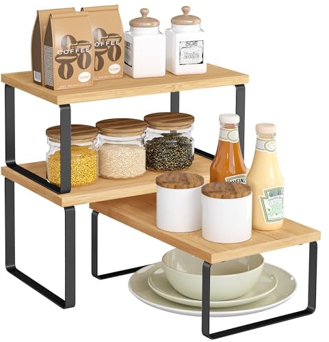 SONGMICS Gewürzregal, 3er Set Küchen-Organizer, Küchenregal, stapelbar, erweiterbar, Metall und Holzwerkstoff, tintenschwarz-naturbeige KCS014YL03