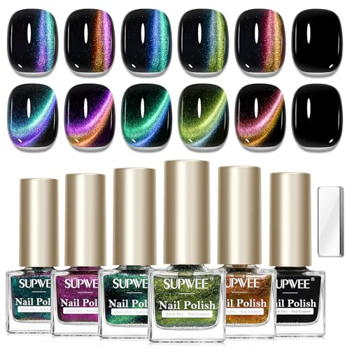 SUPWEE Magnetic Nail Polish Set, 5 colour Holographic Glitter Cat Eye Nail Polish Non Gel with Magnet Black Primer Air Drying Fast Fingernail Lacquer High Glossy Manicure DIY Salon for Women Girl
