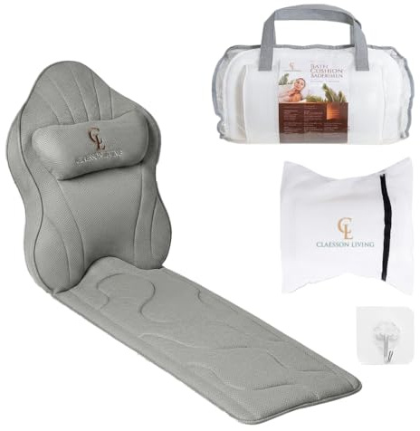 Cojin bañera (126x41cm) - Almohada bañera con apoyacabezas (13cm) y Soportes para el Cuello, Espalda y piernas – Incluye: Bath Pillow, Bolsas de Lavado y de Viaje, Gancho para Secado rápido Gris