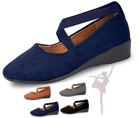 Hxprnoetxy Zapatos planos de ballet con correa elástica para mujer, elegantes mocasines de cuña baja, informales, cómodos, zapatos de vestir, bailarina de gamuza sin cordones, Blue, 40 EU