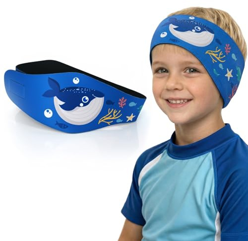 RVYEIOP Fascia Nuoto Bambini e Ragazzi in Neoprene, Protezione Orecchie Piscina Regolabile con Simpatica Balena, Fascia Capelli Impermeabile per Nuoto, Mare e Doccia, Blu, 58x8cm