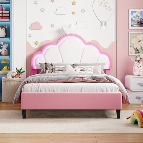 KOOPMAD Vadderad barnsäng, 140 x 190 cm, prinsesssäng för flickor med LED, dubbelsängar med justerbar sänggavel och ribbotten, för barn och vuxna, sammet, rosa och vit, utan madrass