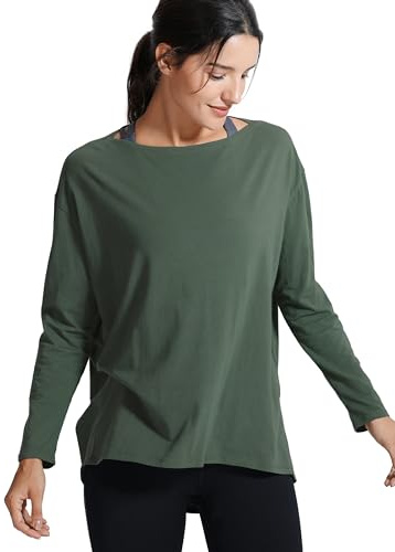 CRZ YOGA Pima Bomull Långärmad Träning Skjortor för kvinnor Lös passform Athletic Yoga Skjorta Casual Båt Neck Höst Toppar Olivgrå S