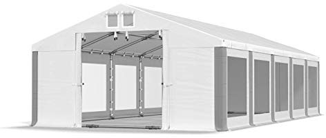 Das Company Transparente Fenster Partyzelt mit Bodenrahmen und Dachverstärkung 5x10m wasserdicht weiß-grau Zelt 580g/m² PVC Plane Robust Gartenzelt Summer Plus SD/MS