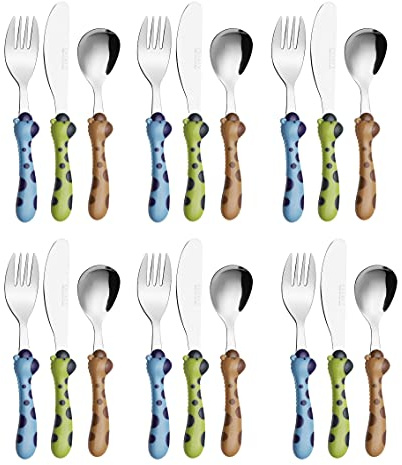 EXZACT Children Cutlery 18 pcs Stainless Steel Kids Giraffe 24M+ | Dishwasher Safe BPA Free Handles Easy Grip Toddlers Everyday Meals Nursery Utensil Flatware Spoons Forks Knives