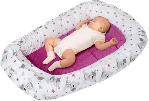 Medi Partners Riduttore Lettino Neonato - 100x60x15 Nido Antisoffoco Neonati Bozzolo Culla per Bebè neonata bilaterale Cuscino 100% Cotone Minky (Orsacchiotto con visone rosa)