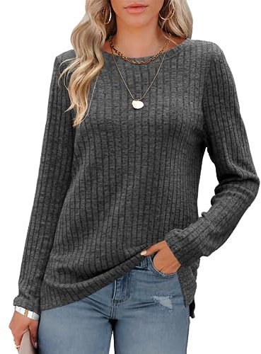 Odosalii Ladies Tops, Women's Long Sleeve Tops, Crew Neck Jumpers Solid Color Sweatshirts, Trendy Striped Thermal Sweater, Lightweight Side Split Tunic Tops Dark Grey
