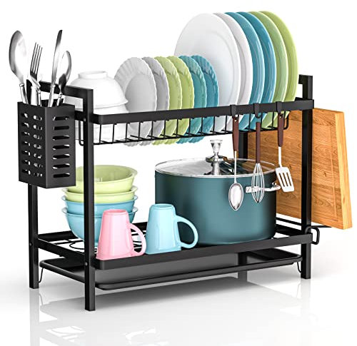 Scolapiatti da Appoggio 2 Livelli Scolapiatti Per Bancone Da Cucina, Scolapiatti da Lavello con Vassoio Gocciolatoio, Posate, Portabicchieri, Antiruggine Colapiatti, Adatto a Famiglia, Nero