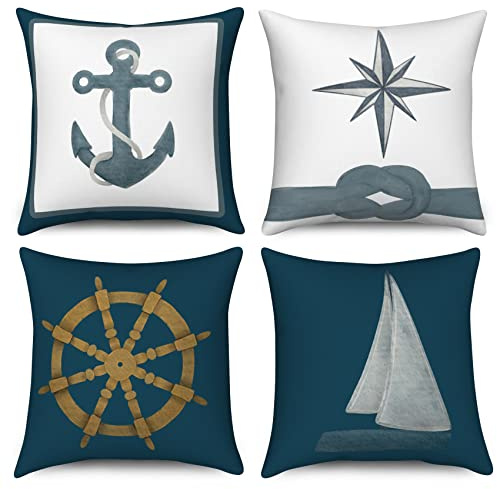ASDCXZ Maritim - Set di 4 federe per cuscino da 45 x 45 cm, motivo con ancora, marittimo, barca a vela, cuscino decorativo, lavabile in poliestere, lino
