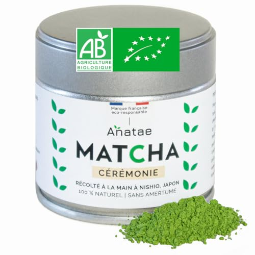 Anatae Marque française - Thé Matcha bio cérémonie japonais - Sans amertume - Poudre de thé vert matcha 100% BIO qualité cérémonielle - Récolté à la main à Nishio, Japon. 30 g