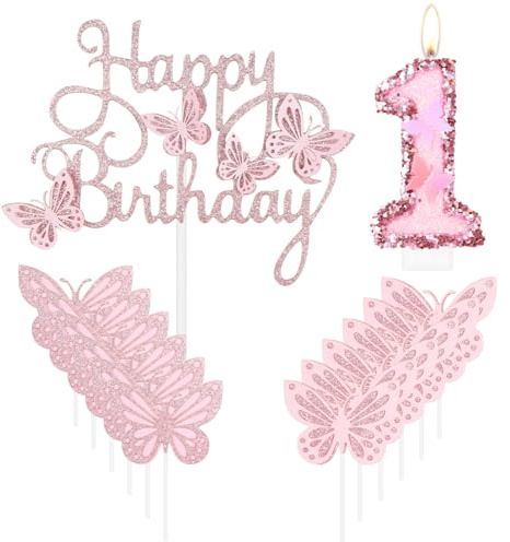 Glad Fjäril Födelsedag Ljus Rosa Nummer 1 Med Glitter Tårta Cupcake Topper För Flickors Första Födelsedagen Dekorationer Rosa Tema