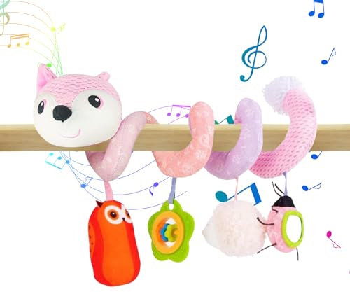 Coriver Espiral Carro Bebe Juguetes, Juguetes para Cochecito de Bebe 0 3 6 12 Meses, Juguetes Colgantes en Espiral para Silla de Coche y Cuna de Bebé Móvil,Peluches para Bebes Niños y Niñas (2.Rosa)