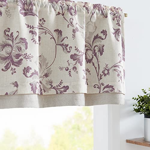 TOPICK Leinen Scheibengardinen Blickdicht Küchengardinen Frühling Landhausstil Gardinen Blumen Verdunkelnd Vorhänge Kurz Bistrogardine Volant Wohnzimmer Fenster 1er Pack Violett auf Beige 45Hx125B(cm)