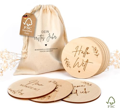 MeinBaby123® Tarjetas de hitos de madera sostenibles, 40 unidades, incluye bolsa de tela, tarjetas de hitos de madera para bebés de 1 año, regalo para nacimiento, regalo para futuros padres, regalo