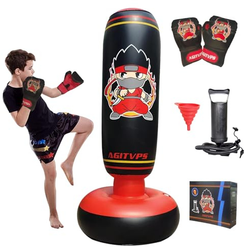 Inflatable Punching Bag Set, 66 Punching Bag for Boys & Girls Aged 8-12 with Kids Boxing Gloves, Super Air Pump | Suitable for Children's Daily Exercise, Happy Family Time (Red)