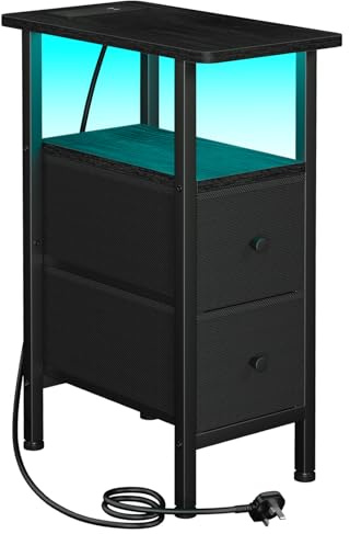 AMHANCIBLE Slim Bedside Table with Charging Station, Narrow Side Table with LED Lights, Small End Table with 2 Fabric Drawers, Nightstand for Small Spaces, Living Room, Bedroom, Black HETNDP02LBK-1