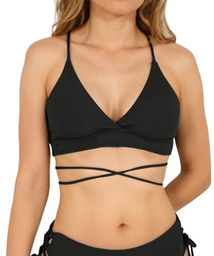 MYLILY | ribbad bikiniöverdel | rynkad bikini utan bygel | bikiniöverdel med snörning för kvinnor | bikini i triangelstil för kvinnor (M)