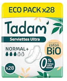 TADAM’ - Serviettes Hygiéniques Dermo-Sensitives - Protections Hygiéniques Femme Ultra Fines avec Ailettes - Flux Normal - Extra Absorbantes - A base de Coton Bio - Confort Jour et Nuit - Ecopacks