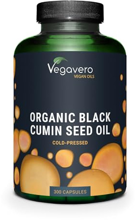 Olio di Cumino Nero BIO | 1000 mg | con Vitamina E | 55% di Acido Linoleico, 22% oleico e 0,2% di timochinone | Nigella Sativa Spremuta a Freddo | 300 capsule | Vegan | Vegavero®