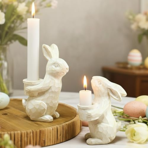 Potchen 2 Pcs Easter Bunny Candlestick Holders Vintage Rustic Bunny Stick Holders Resin Taper Candle Centerpieces Decor for Easter Fireplace Mantle Dining Table, Holiday Office Home Gift (White)