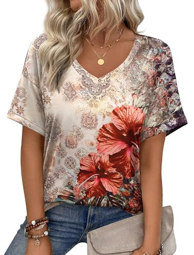 Zeagoo Maglietta Donna Maniche Corte T Shirt Casual Maglia Scollo a V Tshirt Ampia Magliette Estive Blusa Tunica Cachi Floreale L