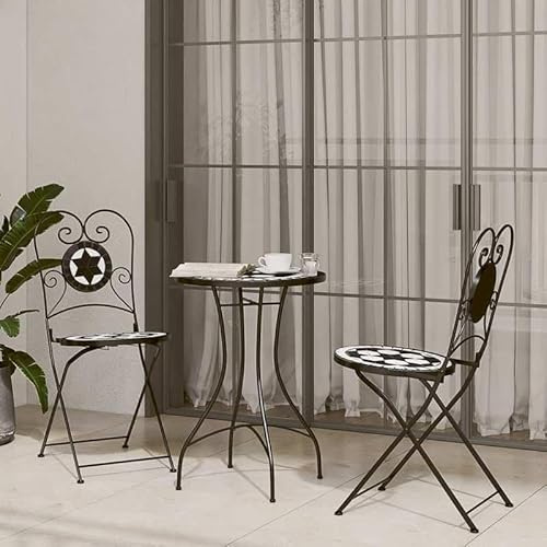 Eleganz Lot de 2 chaises de bistrot pliables, en céramique noire et blanche, fer revêtu par pulvérisation, idéales pour le jardin, la terrasse ou le balcon, peu encombrantes et durables