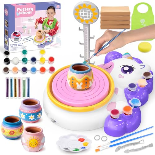 Rueda de alfarero para niños, juguete de unicornio para niñas de 6 a 12 años, juego completo de pintura de cerámica con 4 arcilla seca al aire, juego de alfarero para principiantes, regalos de