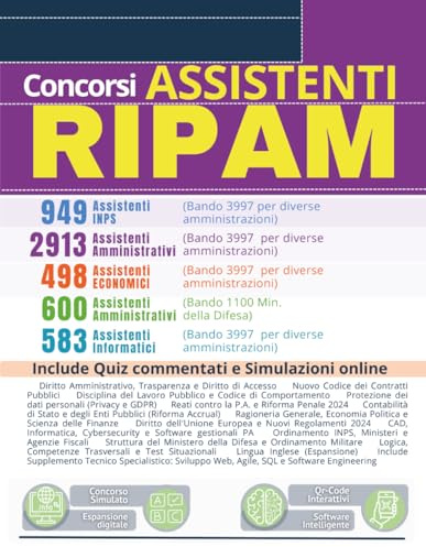 RIPAM 3997 | Manuale 2913 Assistenti Amministrativi • 949 INPS • 498 Assistenti Economici • 583 Assistenti Informatici • 600 Ministero della Difesa (Bando 1100). Quiz e Simulazioni 2026