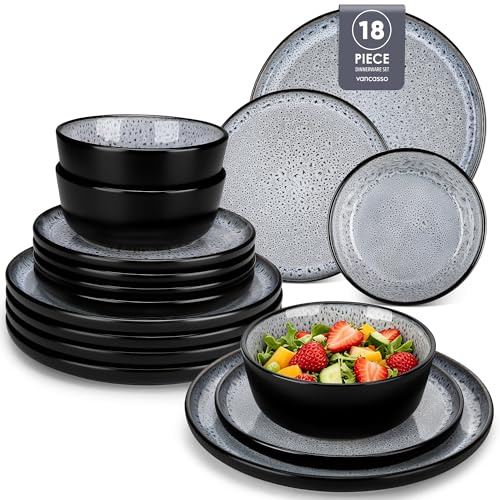 vancasso Bubble Grey 18 Piece Stoneware Dinner Set for 6, Reactive Glaze | 6 Dinner Plates, 6 Side Plates, 6 Cereal Bowls, 26cm, 21cm & 840ml, Microwave & Dishwasher Safe