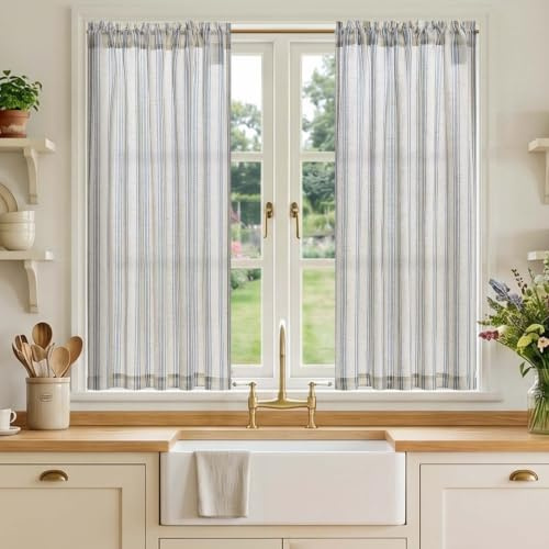 TOPICK Linen Look Kitchen Curtains, Cafe Curtains, W36 xL45 Blue Striped | 2 Panels Rod Pocket Light Filtering Curtains, Half Window Curtain 2 Drapes for Bedroom, Living Room, Cupboard Base, Sink