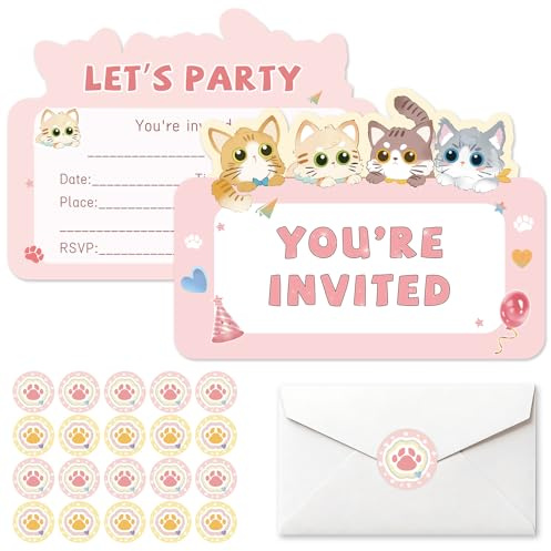 HOMANGA Cat Birthday Party Invitations for Girls, 20 Pcs Kids Party Invites | Birthday Invitations with Envelopes and Stickers, Pink Invitation Cards, 4 x 5.4 Inch