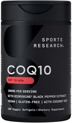 Sports Research CoQ10 (100mg) Enhanced w/Coconut Oil & Bioperine (Black Pepper) for Better Absorption | Vegan Certified, Non-GMO Verified (120 Veggie Softgels)