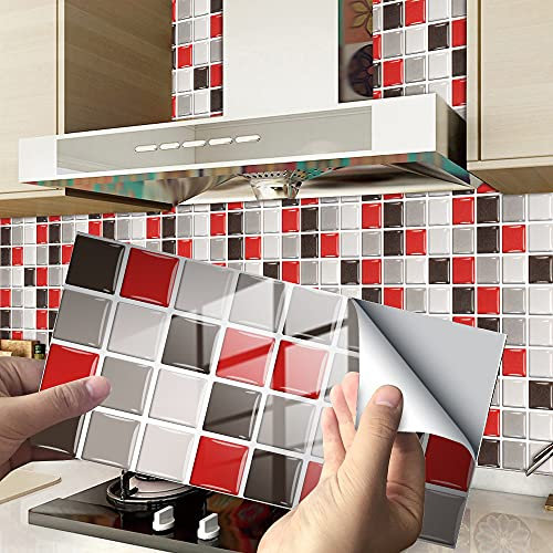 24/48pcs Kitchen Bathroom Marble Wall Tile Stickers, Hiseng DIY Rectangle Marble Mosaic Style Decals Sticker for Kitchen Living Room Bathroom Home Decor Self-Adhesive (Red Mosaic,48pcs)