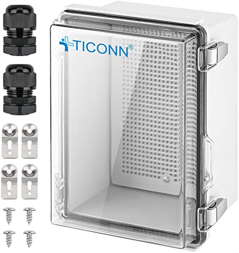 TICONN Outdoor Electrical Box Waterproof, Junction Box IP67 ABS Plastic Enclosure with Hinged Cover with Mounting Plate, Wall Brackets, Cable Glands (Clear, 8.7x6.7x4.3)