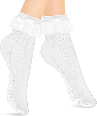 WLLHYF Frilly Socks, Soft White Lace Ankle Socks Love Heart Design Fashion Ladies Princess Ruffle Socks Valentine's Day Gifts for Women And Girls (White)