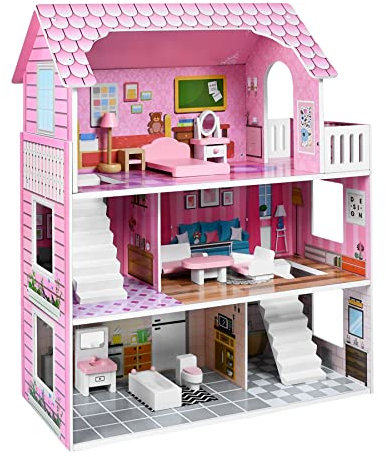 Froadp Casa de Muñecas de Madera Casa con Muebles y Accesorios 3 Pisos Villa de Muñeca Grande Dreamhouse Juegos de Juguetes Regalos para Niñas y Niños (60x27x70cm)