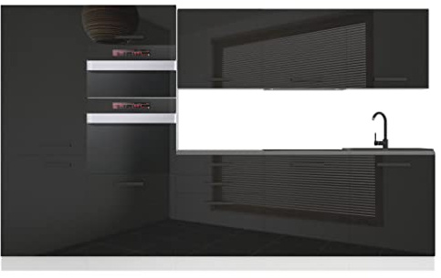 Belini Küchenzeile Küchenblock Grace - Küchenmöbel 300 cm Einbauküche Vollausstattung ohne Elektrogeräten mit Hängeschränke und Unterschränke, mit Arbeitsplatten, Schwarz Hochglanz