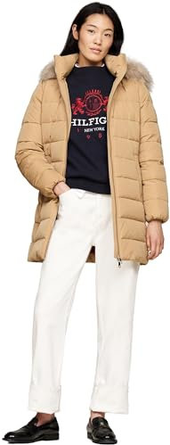 Tommy Hilfiger Damen Daunenmantel Heritage Down Tyra Coat With Fur mit Taschen, Grün (Classic Khaki), XXS