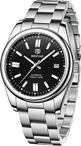 BENYAR 5185 Orologio automatico da uomo cinturino in acciaio inox impermeabile luminoso casual business sport analogico a carica automatica Data orologio da polso, Nero, Classico