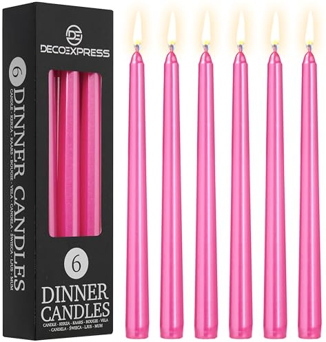 DECO EXPRESS Candles Set, Pack of 6 Classic Dripless Tapered Metallic Dinner Candles, Unscented with 8 Hours Burning Time, Home, Valentine’s Day & Mother’s Day Decor Idea (Metallic Pink, 6 Pack)