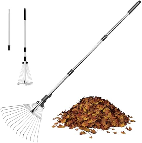 Garden Rake for Leaves, Metal Adjustable Leaf Rake for Lawns, Length 37-53, Adjustable Expandable Head 8-15, Garden Tools for Lawn Garden Yard Flowers Beds Bush