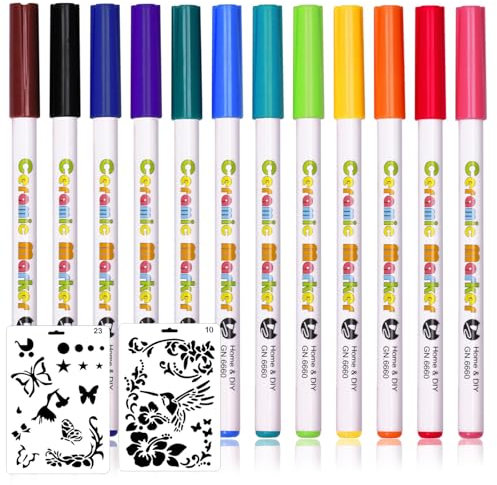 EUDUQ Porzellanstifte Spülmaschinenfest mit 2 Stück Malschablone,Acrylstifte für Steine 12 Farben,Glasmalstifte,Keramikstifte,Paint Marker Stifte Set für zum Keramik,Glas,Steine Bemalen