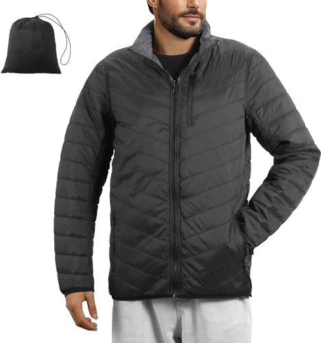 JEMIDI Chaqueta Acolchada Hombre - Plumifero Ultraligero Hombre Reversible - Cazadora Ligera Hombre Impermeable 5 Bolsillos Cremallera - Con Bolsa de Transporte - Negro/Gris Oscuro