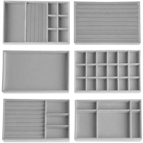Lighterday 6 Pcs Jewellery Tray Jewellery Organiser Jewellery Box,Ring Necklace Earring Box,Stackers Jewelry Storage Drawers,Holds Trinket Necklace Bracelet Ring Earring (Gray)