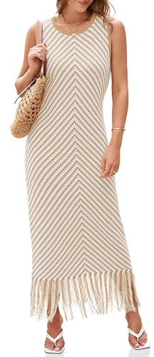 Wenrine Vestido de verano de punto de ganchillo para mujer, casual, a rayas, borlas, sin mangas, bohemio, maxi vestidos